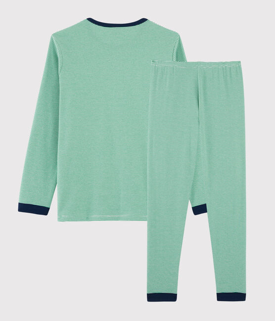 Kinderpyjama aus Rippstrick mit Ringelmuster grün PRADO/weiss MARSHMALLOW