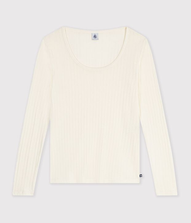 Damen-T-Shirt mit Ballerina-Ausschnitt aus einfarbiger Wolle und Baumwolle MILK