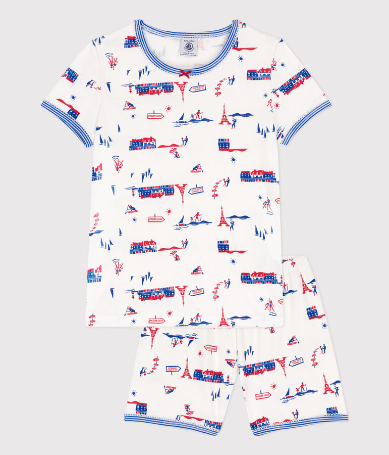 Kinder-Kurzpyjama Paris aus Baumwolle f&uuml;r M&auml;dchen weiss/vielfarbig