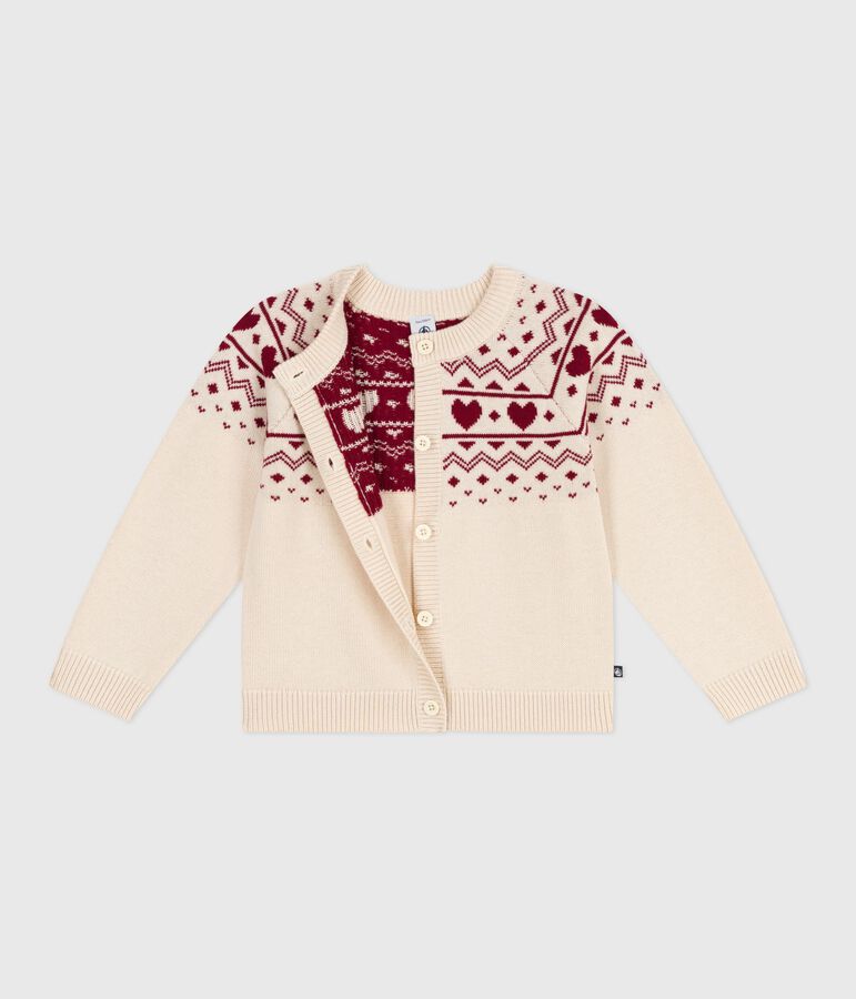 Kinder-Cardigan aus Wolle und Baumwolle mit Jacquard-Muster naturfarben/rot