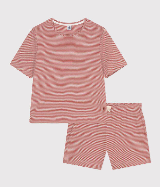 Damen-Pyjama bestehend aus kurzer Hose und T-Shirt aus gestreifter Baumwolle braun/weiss