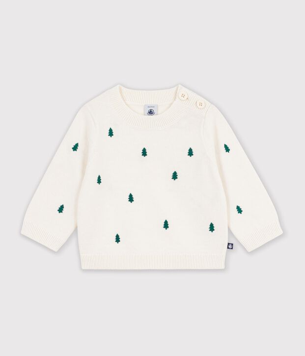 Baby-Pullover aus Wolle und Baumwolle mit bestickten Tannenb&auml;umen naturfarben/gr&uuml;n
