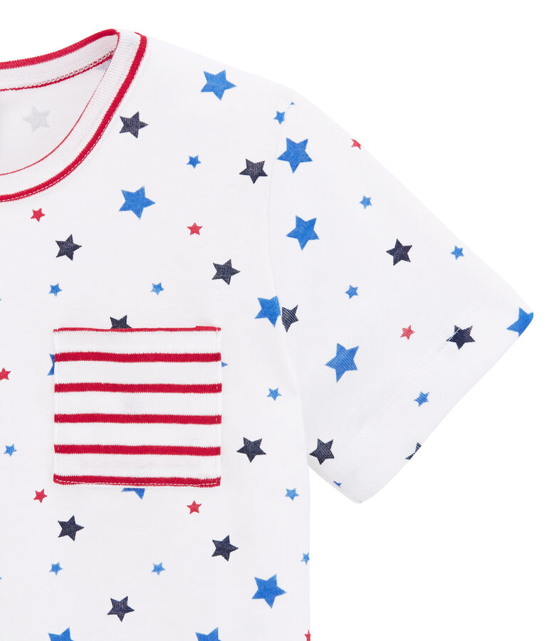 Bedruckter Jungen-Schlafanzug mit Streifen weiss MARSHMALLOW/weiss MULTICO