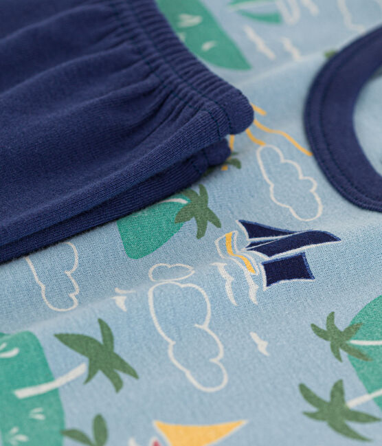 Kurzärmeliger Entdecker-Kinderpyjama aus Baumwolle für Jungen blau CHALOUPE/weiss MULTICO