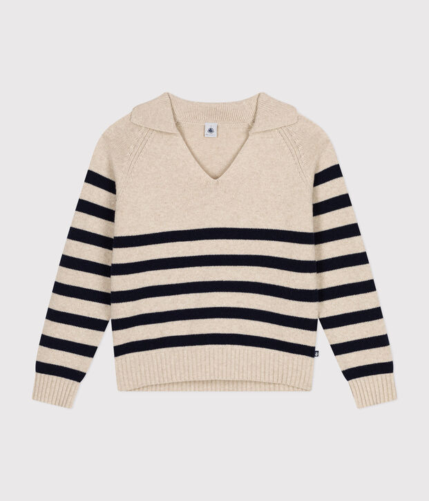 Damen-Pullover aus Wolle und Baumwolle naturfarben/blau