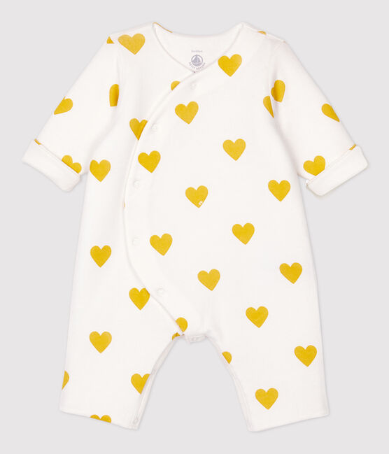 Langer Baby-Overall aus Bio-Baumwolle mit gelben Herzen für Mädchen weiss MARSHMALLOW/gelb OCRE