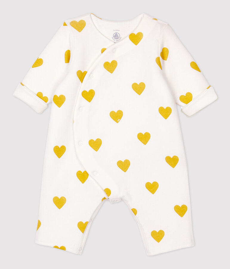 Langer Baby-Overall aus Bio-Baumwolle mit gelben Herzen f&uuml;r M&auml;dchen weiss/gelb
