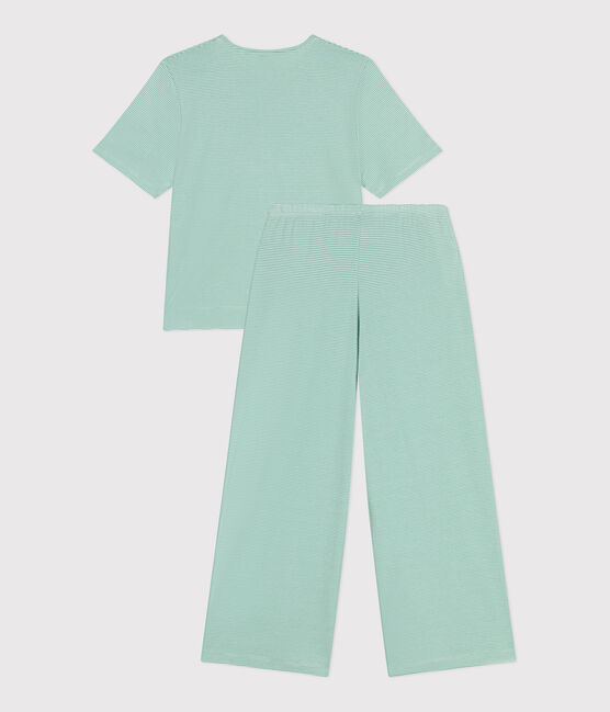 Damen-Pyjama aus Baumwolle mit weiten Beinen und Streifen grün ALOEVERA/weiss MARSHMALLOW