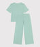 Damen-Pyjama aus Baumwolle mit weiten Beinen und Streifen grün ALOEVERA/weiss MARSHMALLOW