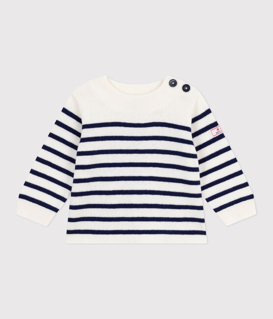 Baby-Pullover im Marine-Look aus Wolle und Baumwolle mit Streifen blau MARSHMALLOW/ SOIR