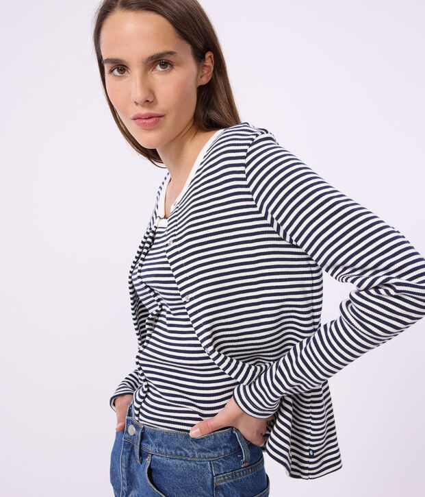 Damen-Cardigan aus Baumwolle mit Streifen blau/weiss