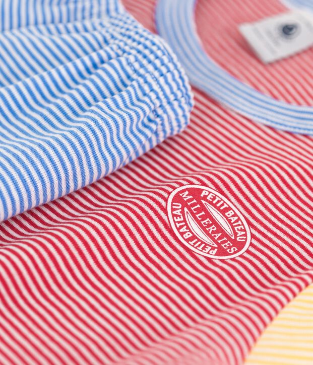 Kinder-Kurzpyjama aus Baumwolle mit roten, blauen und gelben Ringelstreifen f&uuml;r Jungen rot/vielfarbig