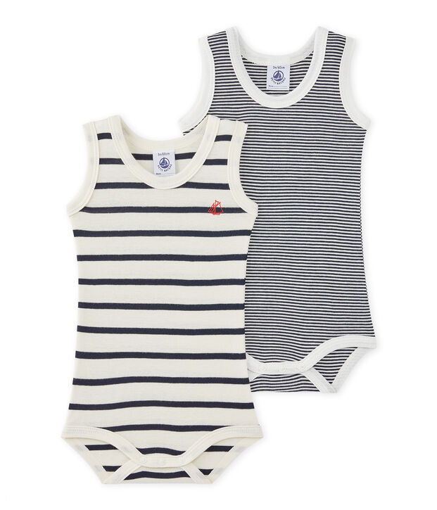 &Auml;rmellose Baby-Jungen-Bodys mit Streifenmuster im 2er-Set weiss