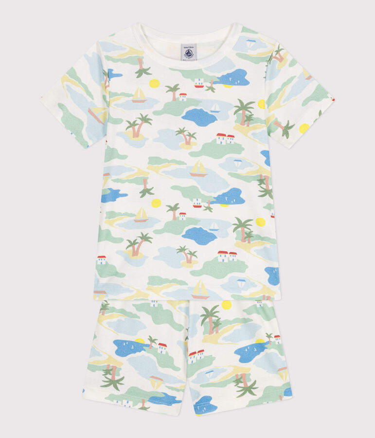 Kinder-Kurzpyjama aus bedruckter Baumwolle weiss/vielfarbig