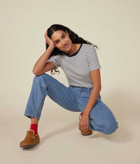 Kurzärmeliges Damen-T-Shirt "L'Iconique" aus gestreiftem Rippstrick weiss MARSHMALLOW/blau SMOKING