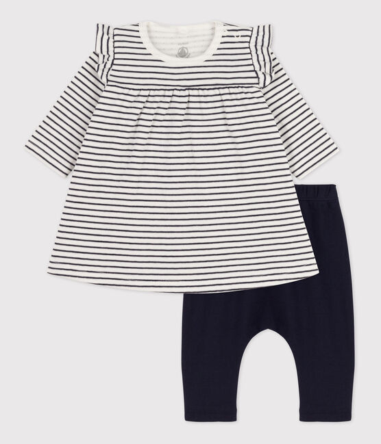 Baby-Leggings-Kleid mit Streifen für Mädchen weiss MARSHMALLOW/blau SMOKING