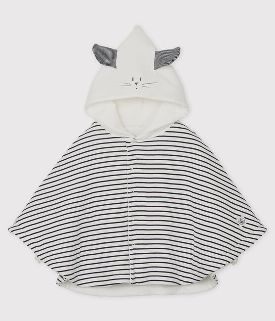 Gestreiftes Baby-Cape aus Bio-Baumwolle mit Kapuze weiss MARSHMALLOW/blau SMOKING