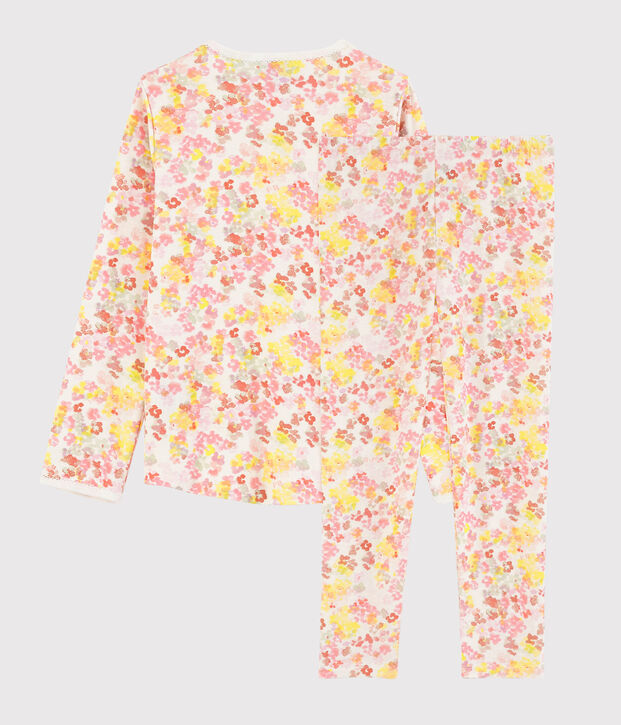 Kinderpyjama aus Baumwolle mit Blumenmuster im Aquarell-Stil f&uuml;r M&auml;dchen weiss/vielfarbig