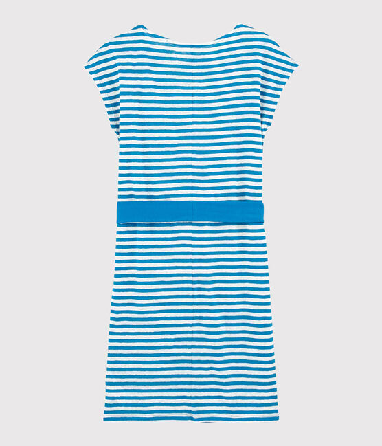 Gestreiftes Damen-Kleid aus Leinen blau MYKONOS/weiss MARSHMALLOW