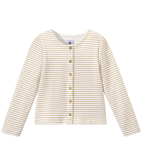 Gestreifter Mädchen-Cardigan weiss MARSHMALLOW/braun EM DORE