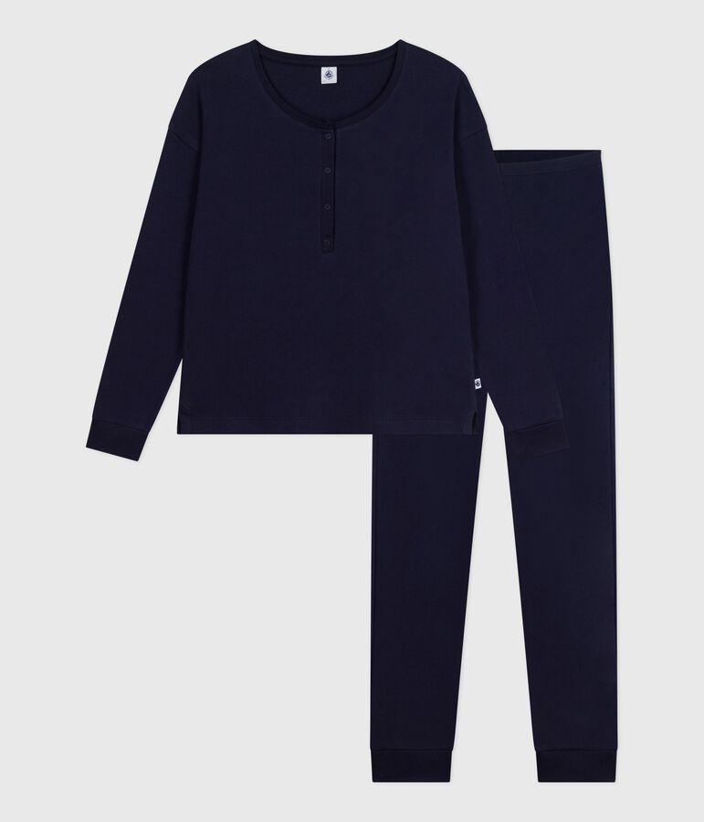 Damen-Pyjama aus einfarbiger Baumwolle blau SMOKING