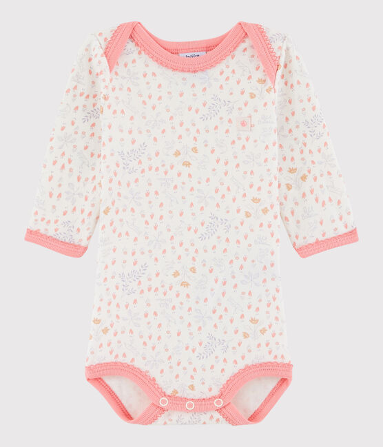 Langärmeliger Baby-Body Mädchen weiss MARSHMALLOW/weiss MULTICO