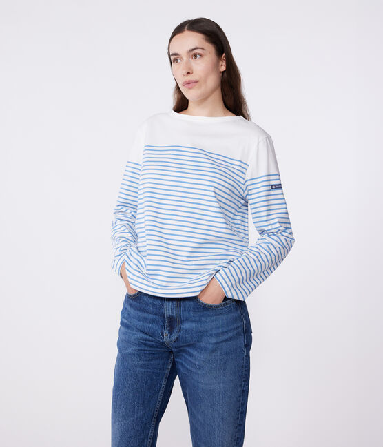 Langärmeliges Damen-T-Shirt "Marinière" aus Baumwolle weiss MARSHMALLOW/blau ALASKA