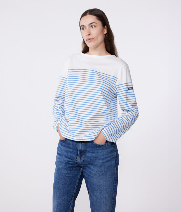Lang&auml;rmeliges Damen-T-Shirt Marini&egrave;re aus Baumwolle weiss/blau