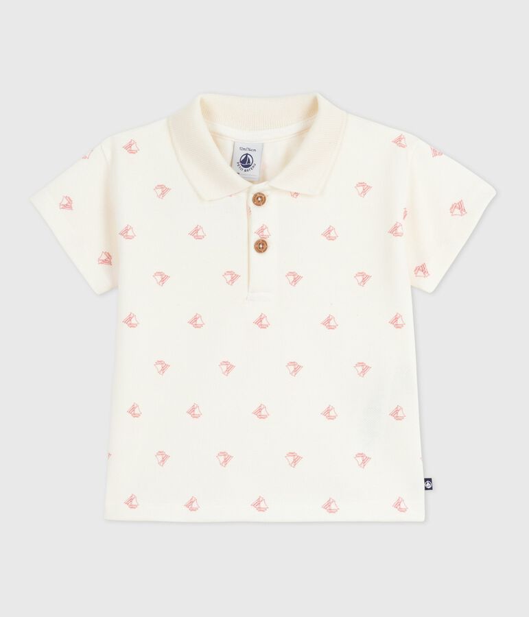 Kurz&auml;rmeliges Baby-Poloshirt aus Baumwolle mit Vintage-Schiffmotiv naturfarben/rot