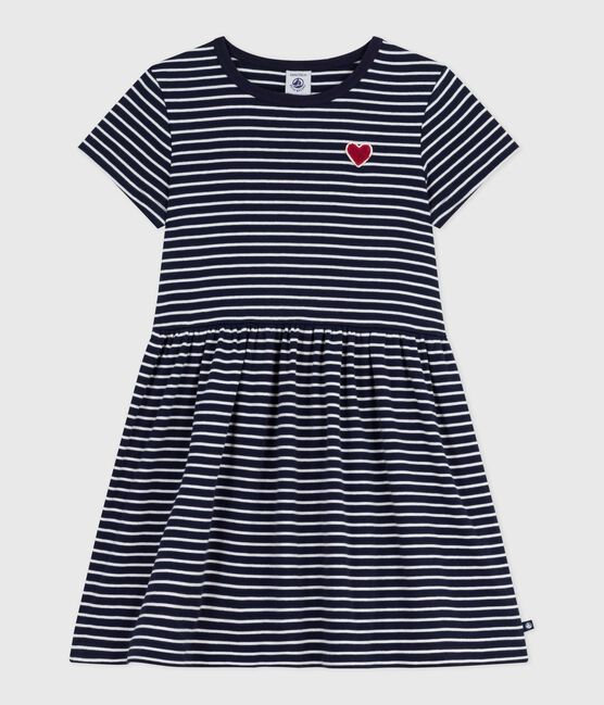 Kurzärmeliges Kinder-Kleid aus Baumwolle mit Streifen blau SMOKING/weiss MARSHMALLOW