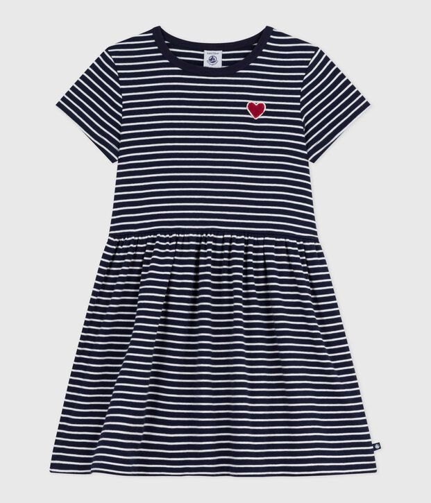 Kurz&auml;rmeliges Kinder-Kleid aus Baumwolle mit Streifen blau/weiss
