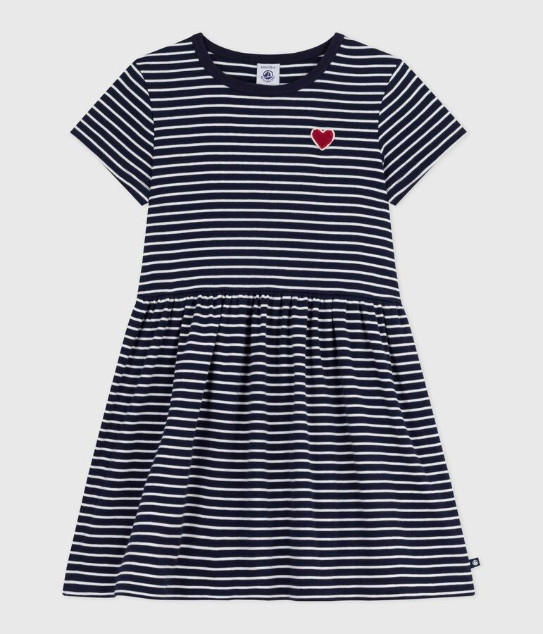 Kurz&auml;rmeliges Kinder-Kleid aus Baumwolle mit Streifen blau/weiss