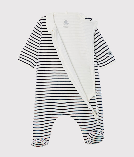 Baby-Bodyjama mit Reißverschluss aus Rippstrick weiss MARSHMALLOW/blau SMOKING