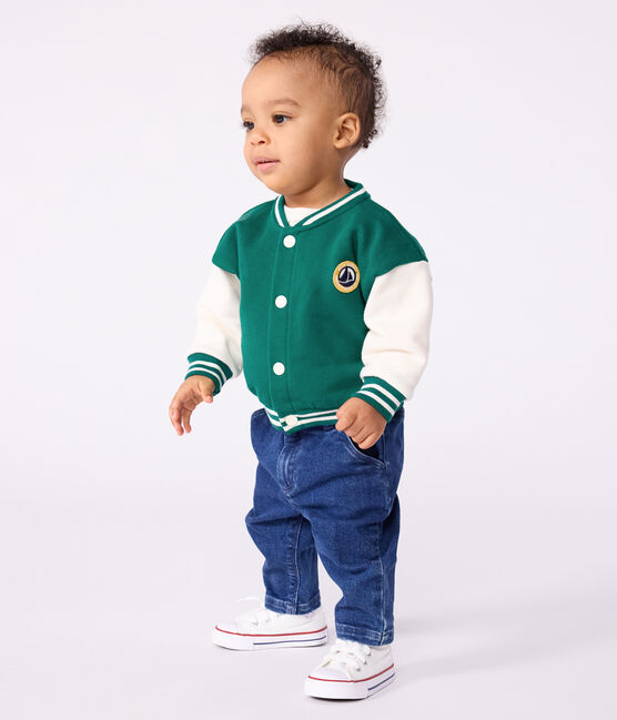 Baby College-Jacke aus zweifarbiger Baumwolle grün EVERGREEN/ MILK