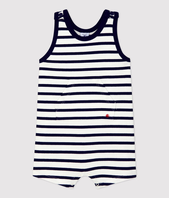 Kurzer Baby-Overall aus dickem Bio-Jersey weiss MARSHMALLOW/blau SMOKING