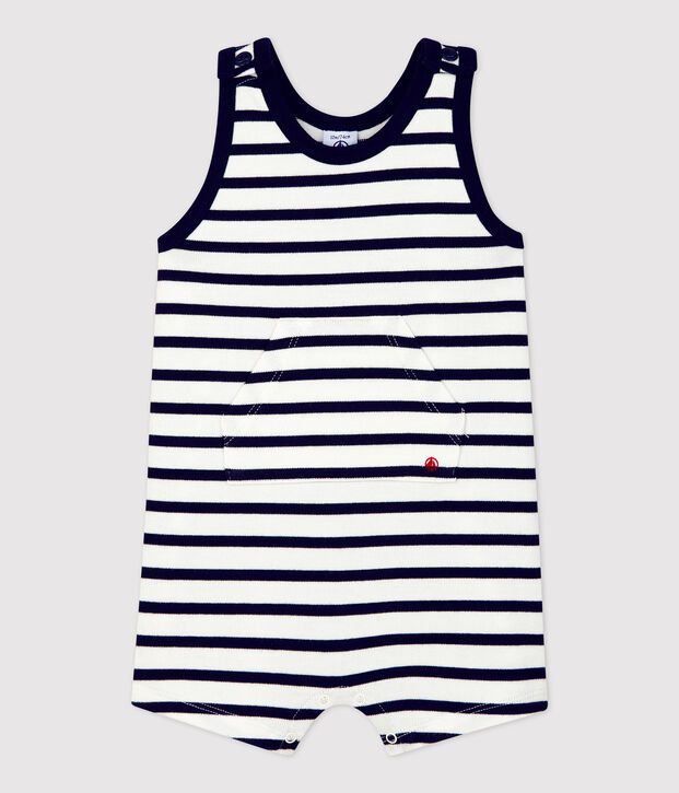 Kurzer Baby-Overall aus dickem Bio-Jersey weiss/blau