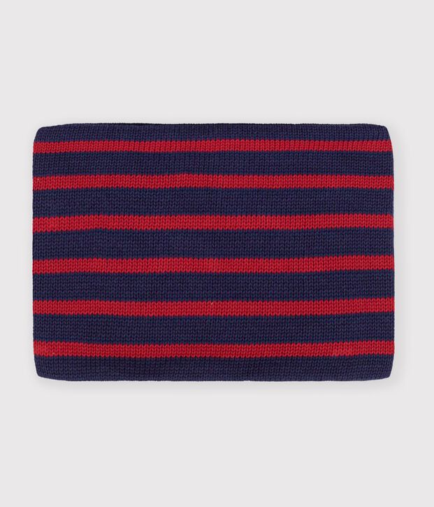 Kinder-Schlauchschal aus Strick mit Streifen und Fleece-Futter blau/rot