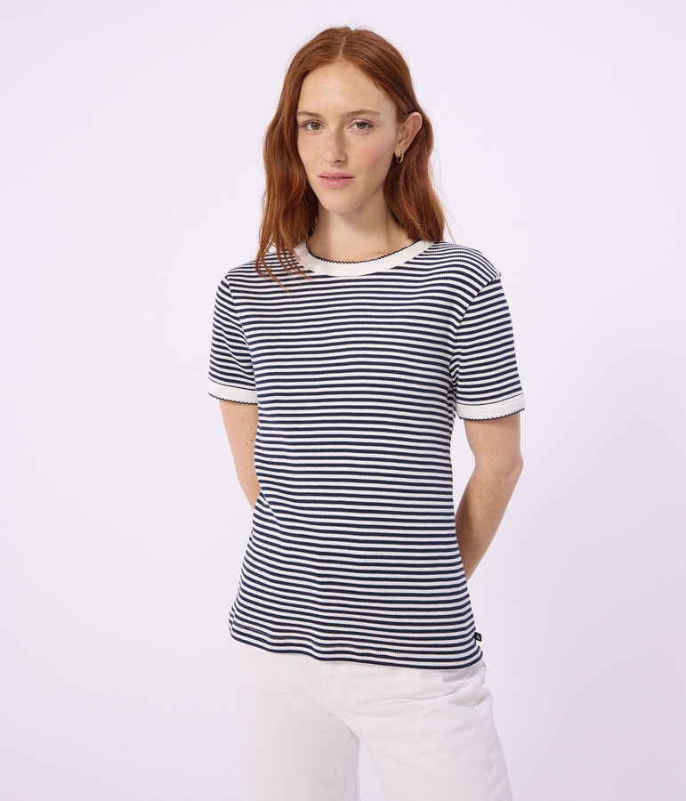 Kurz&auml;rmeliges Damen T-Shirt aus Baumwolle mit Streifen blau/weiss