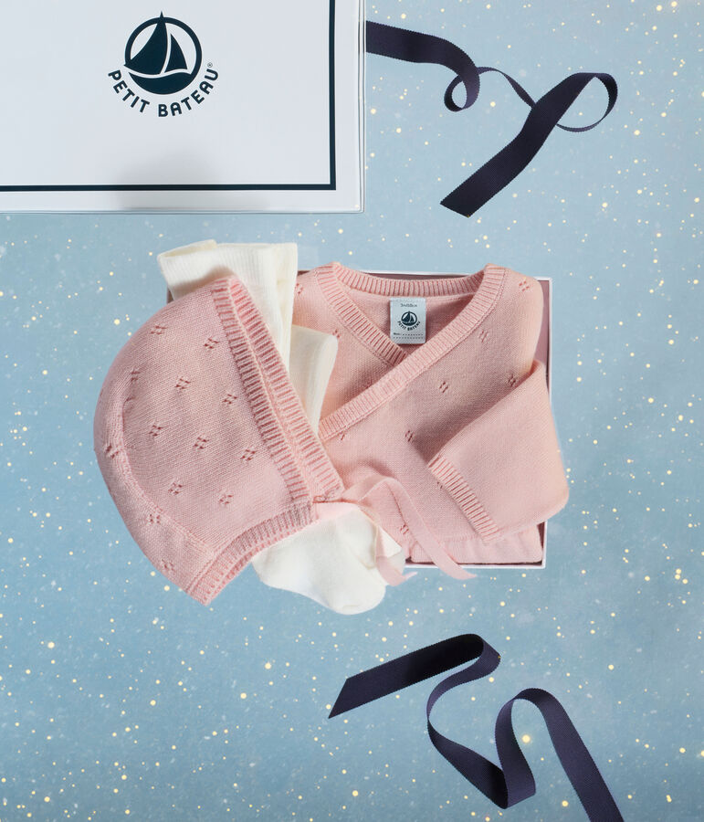 Baby-Geschenkset M&uuml;tzchen, Strampelanzug und Strumpfhose aus Strick vielfarbig