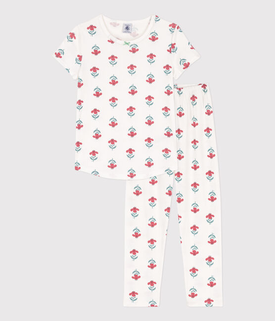 Kurzärmeliger Kinderpyjama aus Baumwolle mit Blumenmotiv für Mädchen weiss MARSHMALLOW/weiss MULTICO