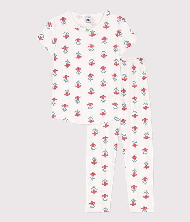 Kurz&auml;rmeliger Kinderpyjama aus Baumwolle mit Blumenmotiv f&uuml;r M&auml;dchen weiss/vielfarbig