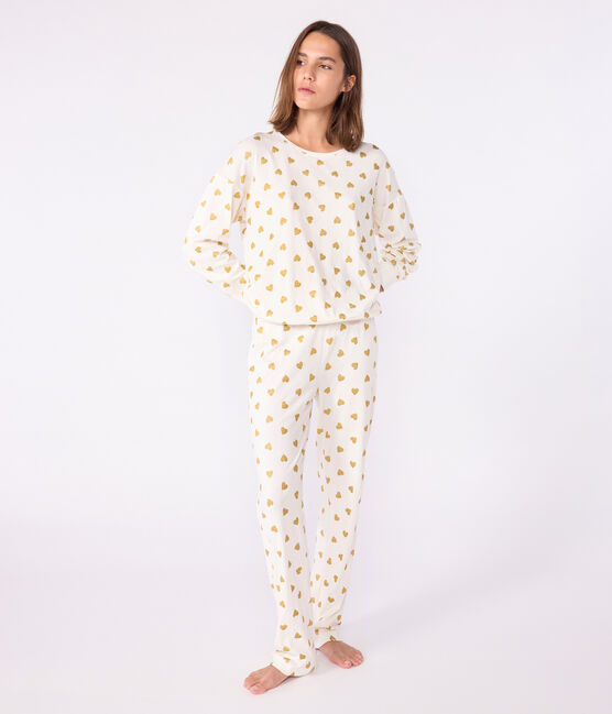 Damen-Pyjama aus Baumwolle mit goldfarbenen Herzen MILK/ DORE