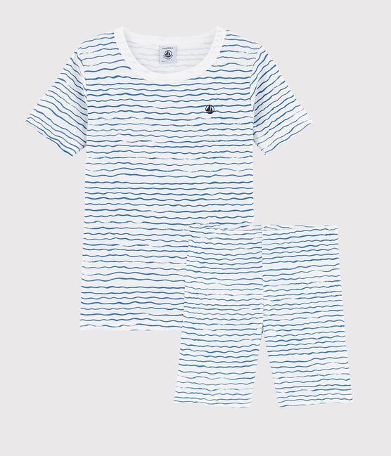 Snugfit-Kurzpyjama aus Baumwolle mit Wellenmotiv f&uuml;r Jungen weiss MARSHMALLOW/blau COOL