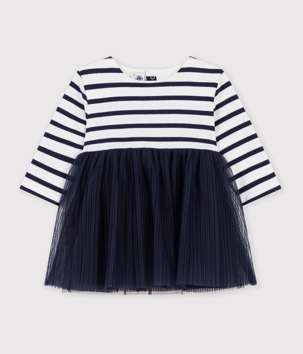 Lang&auml;rmliges Baby-Kleid aus zwei Stoffen mit Streifen weiss/vielfarbig