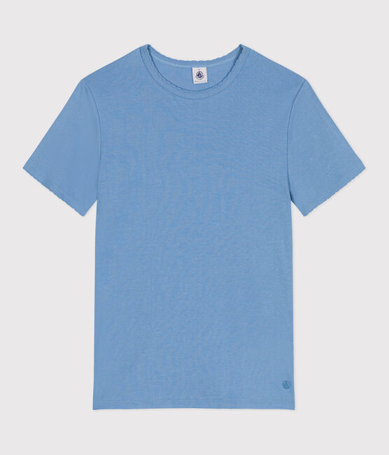 Damen-T-Shirt L’ICONIQUE aus einfarbiger Baumwolle mit Pikotkante blau ALASKA