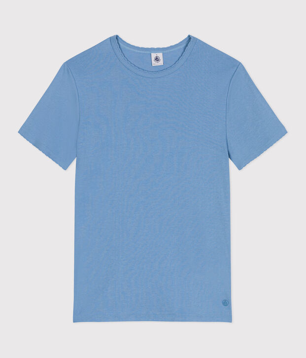 Damen-T-Shirt L&rsquo;ICONIQUE aus einfarbiger Baumwolle mit Pikotkante blau