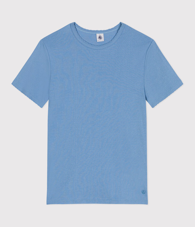 Damen-T-Shirt L&rsquo;ICONIQUE aus einfarbiger Baumwolle mit Pikotkante blau