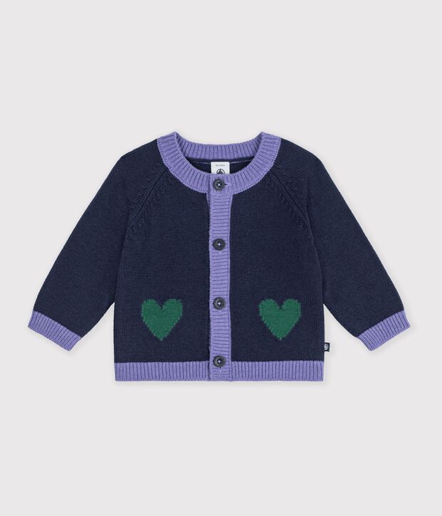 Baby-Cardigan aus Woll- und Baumwollstrick mit Herz-Jacquardmuster blau/vielfarbig