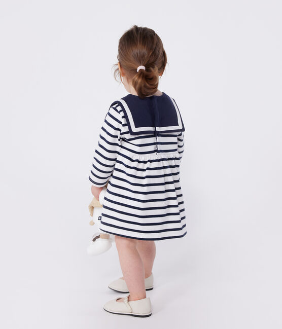 Langärmeliges Baby-Kleid aus festem Baumwollstoff mit Matrosenstreifen weiss MARSHMALLOW/blau SMOKING