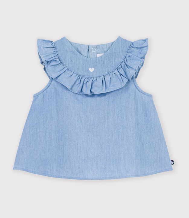 &Auml;rmellose Baby-Bluse aus besticktem Chambray-Baumwollstoff blau